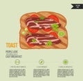 Vector toast bread . Sandwich with bacon and herbs. Quick breakfast icon. Print of food product infographic