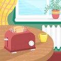 Vector toaster in isometry with pieces of bread in the cozy room. Interior with a toaster