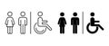 Vector toilet icons. Man, woman, handicap. Images line and black silhouette. Restroom, bathroom in a public area, navigation