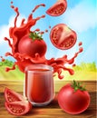 Vector tomato juice in glass, vegetable with splashes