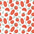 Vector tomatoes seamless pattern in cartoon style. Healthy organic cherries with rosemary and tomato slices