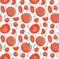 Vector tomatoes seamless pattern in cartoon style. Healthy organic cherries with rosemary and tomato slices