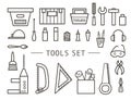 Vector tools icons set. Flat linear black and white illustration with building, carpenter equipment