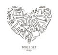Vector tools icons set framed in heart shape. Flat linear black and white illustration with building, carpenter equipment Royalty Free Stock Photo