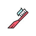 Vector toothbrush with paste, toothpaste flat color line icon.