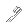 Vector toothbrush with paste, toothpaste line icon.