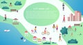 Vector Top map view concept of people at public city park walking and performing leisure outdoor activities. Royalty Free Stock Photo