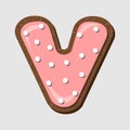 Vector top view chocolate chip cookie covered with coral icing in shape of letter V Royalty Free Stock Photo