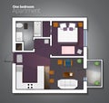 Vector top view illustration of modern one bedroom apartment. Detailed architectural plan of dining room combined with Royalty Free Stock Photo