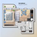 Vector top view illustration of modern one bedroom apartment. Detailed architectural plan of dining room combined with Royalty Free Stock Photo