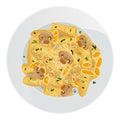 Vector top view rigatoni macaroni with cheese, mushrooms, parsley in plate isolated on white