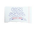 Vector torn copybook sheet with pen hand drawn Back to School Super Sale text.