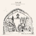 Vector Torun postcard. Old historical center of Torun, Poland, Eastern Europe. Arch and street in historic old town. Vintage