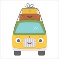 Vector tourist van with suitcases on top. Cute kawaii camper with eyes and mouth. Camping car illustration. Journey vehicle