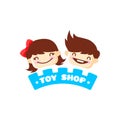 Vector toy store logo. Cute kids shop symbol with boy and girl heads