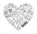 Vector toys doodle heart. Hand draw collection of toys icons for baby shower or scrapbook. Cute illustration for Royalty Free Stock Photo