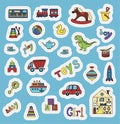 Vector toys doodle stickers set. Hand draw collection of toys icons for baby shower or scrapbook. Cute illustration for Royalty Free Stock Photo