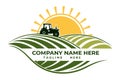 Vector of Tractor on rolling hills under a radiant sun logo design Royalty Free Stock Photo
