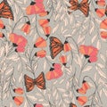 Vector traditional seamless pattern with Monarch butterflies