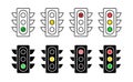 Vector traffic light icons. Editable stroke. Set line and silhouette red yellow green sign. Permissive deny waiting signal. Royalty Free Stock Photo