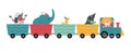 Vector train with circus animals and clown. Amusement holiday icon. Cute funny festival locomotive with characters. Street show
