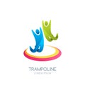 Vector trampoline logo emblem design. Jumping people or children on trampoline. Kids activity, fun park, competitions.