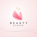 Vector transparent beauty studio logo. Spa and yoga floral symbol in light colors isolated on light pink background.
