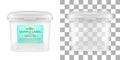 Vector transparent square empty plastic bucket with label. Front view