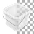 Vector transparent square empty plastic bucket with lowered metallic handle. Top view from the corner