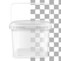 Vector transparent square empty plastic pail with handle. Front view