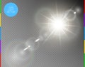 Vector transparent sunlight special lens flare light effect. Isolated sun flash rays and spotlight. White front translucent Royalty Free Stock Photo