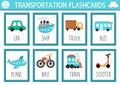 Vector transportation flash cards set with car, ship, truck, bike, plane, train, bus. English language game with cute transport