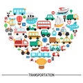 Vector transportation heart shaped frame with bus, car, boat, truck. Card template design with different kinds of transport for