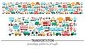 Vector transportation horizontal seamless pattern with different kinds of transport. Road trip repeating border brush. Cute