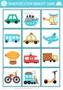 Vector transportation memory game cards with cute traditional symbols. Water, air, land transport matching activity. Remember,