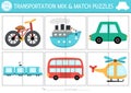 Vector transportation mix and match puzzle with cute bike, ship, car, train, bus, helicopter. Matching transport activity for