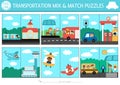 Vector transportation mix and match puzzle with cute scenes with car, train, bus, helicopter, plane. Matching transport activity