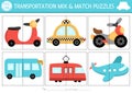 Vector transportation mix and match puzzle with cute scooter, taxi, bus, tram, plane, motorbike. Matching transport activity for