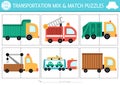 Vector transportation mix and match puzzle with cute trucks. Matching transport activity for preschool kids with lorries.