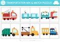 Vector transportation mix and match puzzle with cute trucks and trains. Matching transport activity for preschool kids with