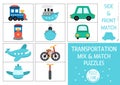 Vector transportation mix match puzzle with ship, plane, car, bike, bicycle, train. Matching transport activity for kids.
