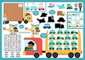 Vector transportation placemat for children. Transport printable activity mat with maze, word search puzzle, shadow match, find