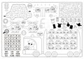 Vector transportation placemat. Transport line printable activity mat with maze, word search puzzle, shadow match, find difference