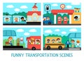 Vector transportation scenes set. Cute kids driving different transport. Horizontal landscapes with boys and girls on railway, gas