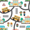 Vector transportation seamless pattern with children. Funny school bus repeating background with driver, little schoolchildren,