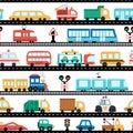 Vector transportation seamless pattern. Funny transport repeat background for kids with horizontal road and railroad. Digital