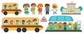 Vector transportation set with children. Funny school bus clipart collection with driver, little schoolchildren, bus stop, Royalty Free Stock Photo