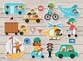 Vector transportation stickers set with cute children drivers. Transport patch icons collection with funny bus, car, boat, truck,