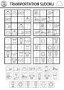 Vector transportation sudoku black and white puzzle for kids. Simple transport quiz with cut and glue elements. Education activity