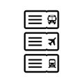 Vector transportation ticket, airplane, train, ship, bus. Vector icon illustration Royalty Free Stock Photo